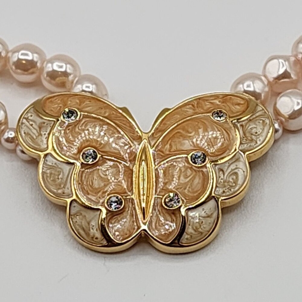 Vintage KJL For Avon Faux Pearl, Enamel Butterfly Necklace - Picture 3 of 12